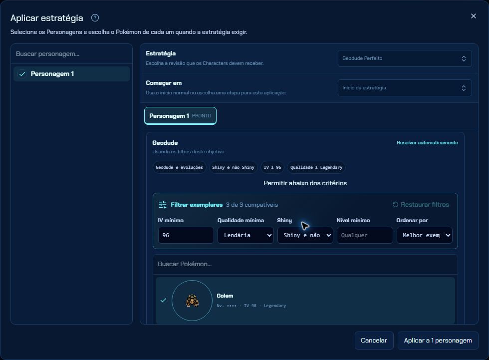 Modal completo Aplicar estratégia: Personagem 1 selecionado à esquerda; Estratégia, ponto de início, filtros e Pokémon à direita; Cancelar e Aplicar no rodapé.