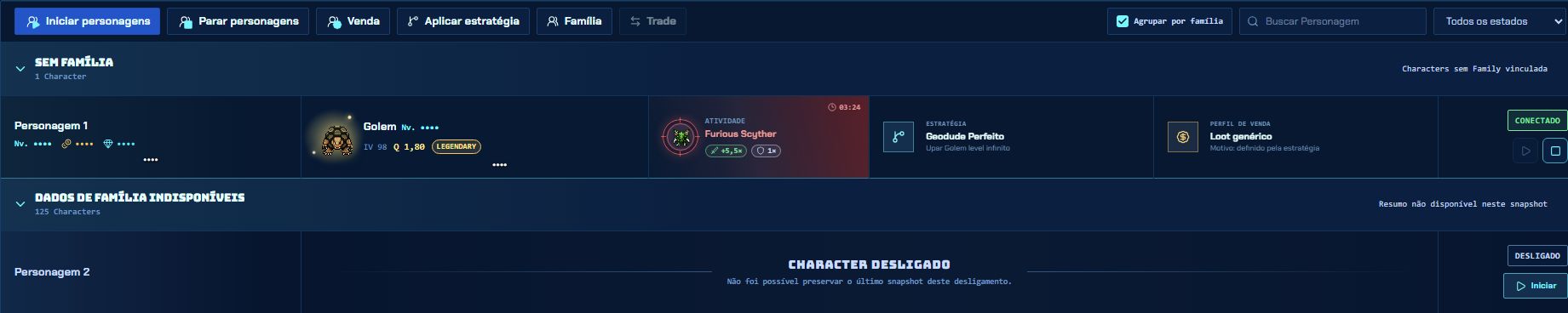 Tabela do Console com nomes ocultos. A segunda linha mostra um Personagem desligado e o botão Iniciar.