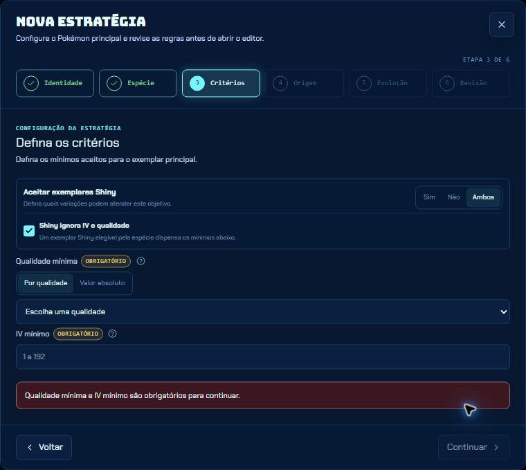 Etapa de critérios do Console, com opções de Shiny, qualidade mínima e IV mínimo.