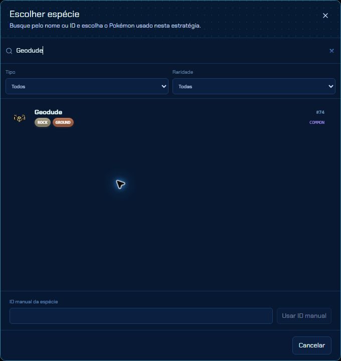 Seletor de espécie do Console com busca por Geodude, filtros de tipo e raridade e resultado selecionável.