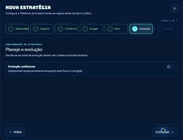 Etapa Evolução do Console com a opção Evolução autônoma desativada e o aviso de indisponibilidade temporária.