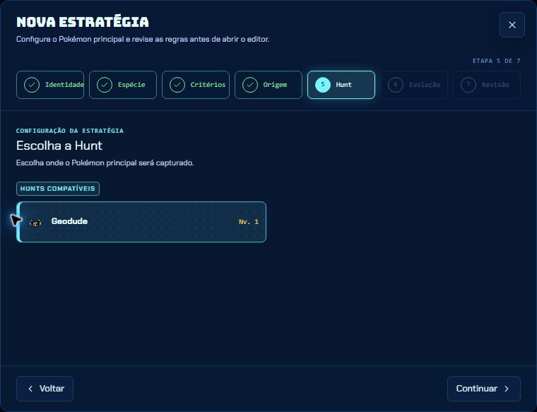 Etapa Hunt do Console mostrando a Hunt de Geodude, nível 1, selecionada.