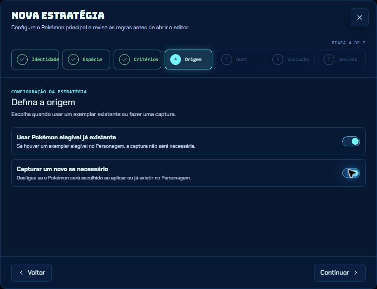 Etapa Origem do Console com as opções de usar um Pokémon existente e capturar um novo ligadas.