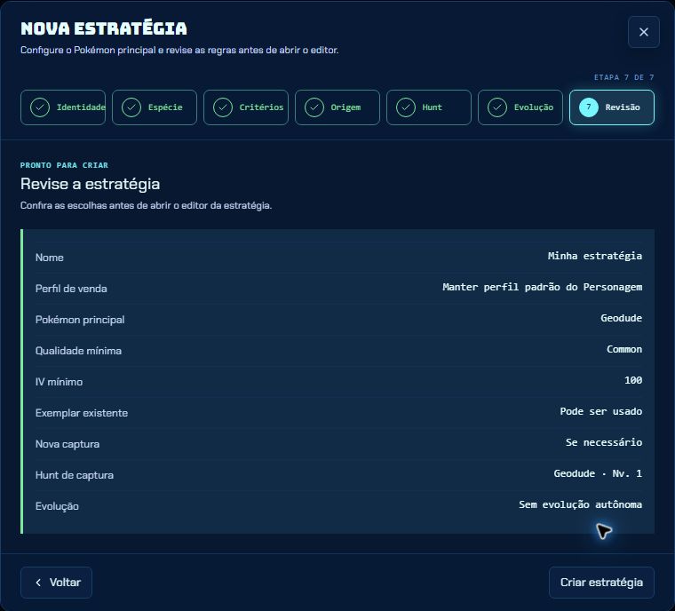 Revisão do Console com nome, espécie, critérios, origem, Hunt e evolução antes de criar a Estratégia.