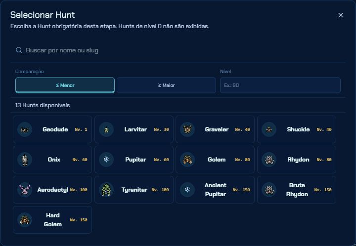 Seletor real de Hunts compatíveis com Rock Stone, com busca e filtro de nível.