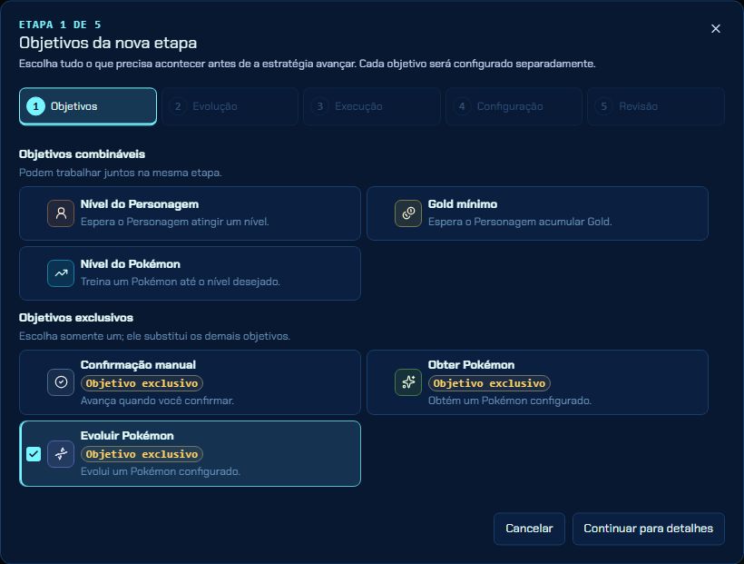 Modal completo de nova etapa com as seis opções de objetivo: confirmação manual, nível do Personagem, Gold mínimo, obter Pokémon, nível do Pokémon e evoluir Pokémon.