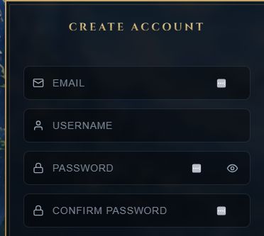Campos vazios do cadastro real do PokeIdle: email, nome de usuário, senha e confirmação de senha.
